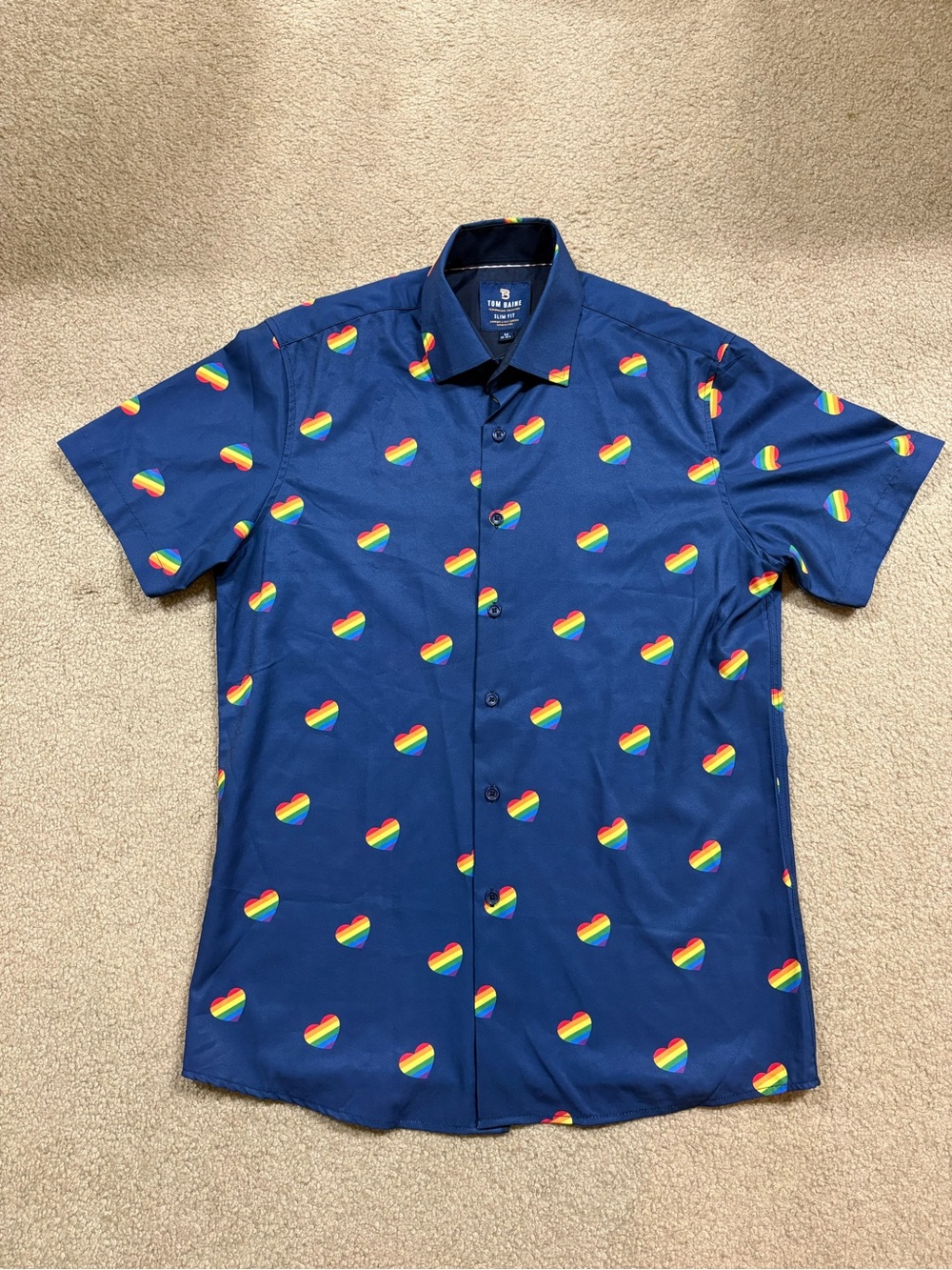 Tom Baine Navy Short-Sleeve Button-Down with Rainbow Heart Print